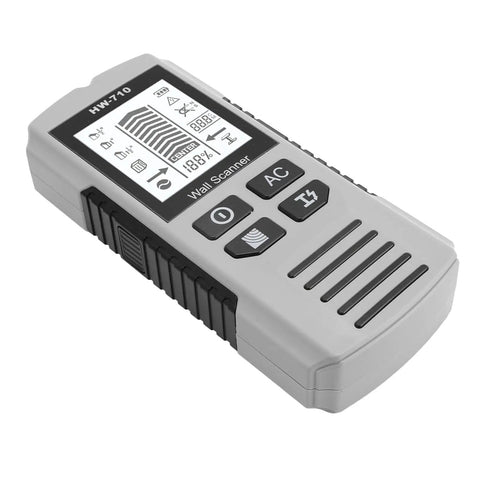 Badafaci Wall Scanner, Green Display, Wood Metal Live Wire Detection device showing digital readouts and buttons.