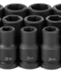 Impact Ready Metric Deep Socket Set Boasting 26 Heavy Duty Alloy Steel Pieces arranged in a grid, showcasing sizes 19mm to 44mm.
