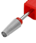 Carbide nail drill bit with 3/32 shank and knurled cylindrical head for acrylic or hard gel removal; silver with red base