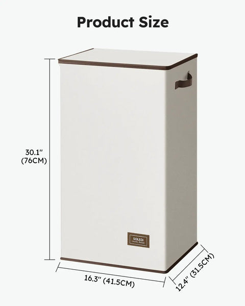 Big Ol 100L Large Laundry Basket With Removable Bag And Lid, Collapsible Off White Hamper, product dimensions displayed.
