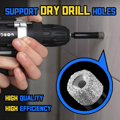 5-piece dry diamond core drill bit set with 1/4-inch hex shank, mounted in a drill for ceramic tile and glass.