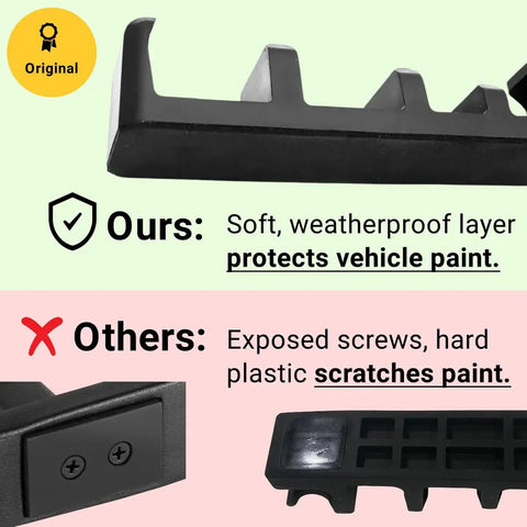 Badass Magnetic Ski And Snowboard Vehicle Rack Keeping Your Ride Spotless With Soft Waterproof Padding comparison of soft pad vs hard plastic.