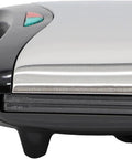 Dude, this killer Compact 750W Electric Nonstick Sandwich Maker And Panini Press Grill, sleek black and silver design side view.