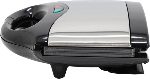 Dude, this killer Compact 750W Electric Nonstick Sandwich Maker And Panini Press Grill, sleek black and silver design side view.