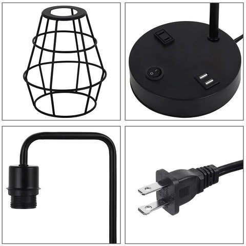 Components of Two Pack USB Edison Desk Lamps With Dual USB Ports And 2 Prong Outlet, Industrial Wire Cage Reading Lamps details.