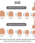 Ten Pairs High Heel Tips Replacement Kit With U Shape Heel Caps Covers And Metal Pins In Black Or Brown Includes Five Pairs Of Thin 2.4mm Pins And Five Pairs Of Thick 3mm Pins For Easy Stiletto Heel Replacement size chart with pin diameters.