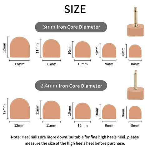 Ten Pairs High Heel Tips Replacement Kit With U Shape Heel Caps Covers And Metal Pins In Black Or Brown Includes Five Pairs Of Thin 2.4mm Pins And Five Pairs Of Thick 3mm Pins For Easy Stiletto Heel Replacement size chart with pin diameters.