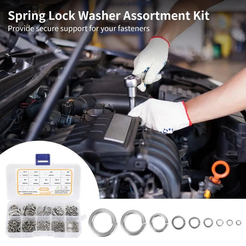 All In One Stainless Steel Lock Washers Kit With Storage Box, 480 Pcs, 9 Sizes M2-M12, Auto And Furniture Repair Ready, 304 Stainless Spring Lock Washers, DIY Pro Grade Assortment used on car engine