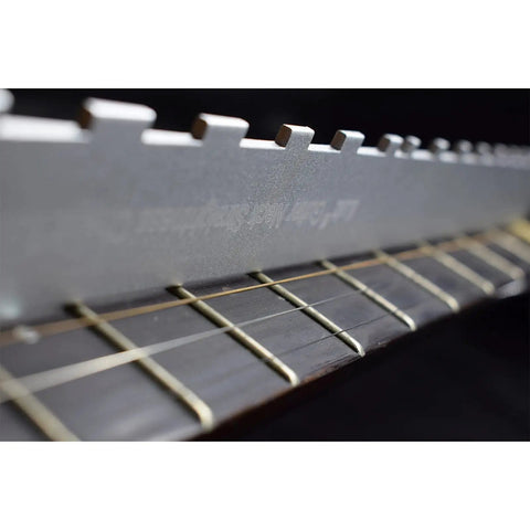 Adjustable Notched Guitar Neck Straight Edge Tool For Fretboard Alignment Fits Gibson Fender And Most Guitars shown on fretboard