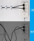 Before and after of White Wire Shelf Brackets With Mounting Hardware Heavy Duty Closet Clips organizing cables.