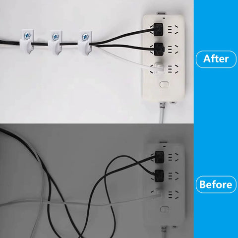 Before and after of White Wire Shelf Brackets With Mounting Hardware Heavy Duty Closet Clips organizing cables.