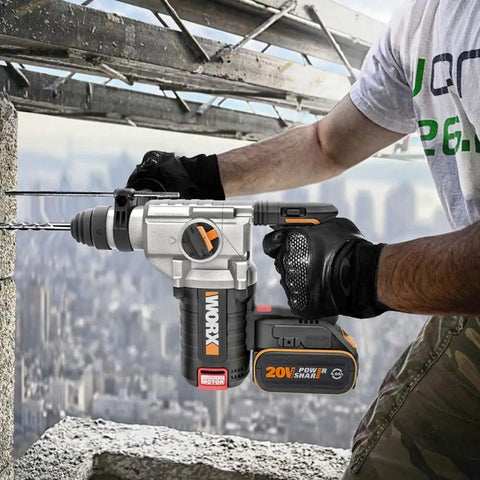 Built Different Heavy Duty Cordless Rotary Hammer Drill With Brushless Motor And Variable Speed Trigger in use on masonry