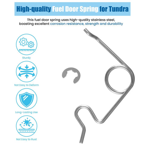 Premium Heavy Steel Fuel Door Spring For Toyota Tundra 2007 To 2020 displayed with stainless steel finish and torsion clip.