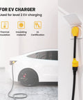 Heavy Duty Nema 14 50P To Nema 6 20R Ev Charging Adapter For Tesla Vehicles With Integrated Surge Protector Breaker, shown connected to wall outlet.