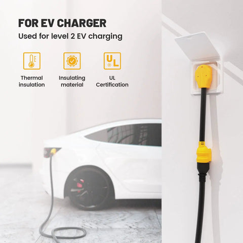 Heavy Duty Nema 14 50P To Nema 6 20R Ev Charging Adapter For Tesla Vehicles With Integrated Surge Protector Breaker, shown connected to wall outlet.