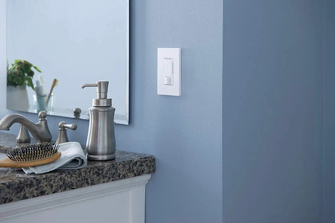Maestro LED Plus Motion Sensor Dimmer Switch For LED Lighting, 150W, Single Pole Or Multi Location, White, installed in bathroom