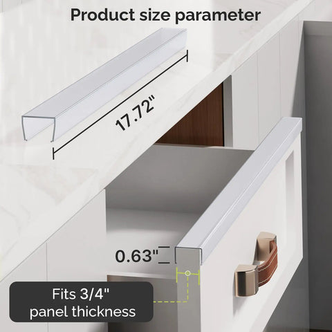 Heavy Duty Cabinet Door Protectors For Kitchen Cabinets 3/4 Inch Thick Clear Trim 17.72 inch length for easy fit on cabinets.