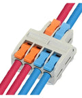 Quick Push-In Wire Connector Kit Fast Tool-Free Terminal Block For Splicing Solid Stranded Copper Conductors In Home Projects And Lighting Installations Flame-Retardant Pa66 Housing With Tin Plated Contacts Rated For High Current Up To 32 Amps., 4-port connector with red and blue wires