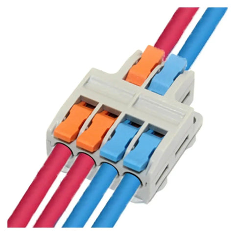 Quick Push-In Wire Connector Kit Fast Tool-Free Terminal Block For Splicing Solid Stranded Copper Conductors In Home Projects And Lighting Installations Flame-Retardant Pa66 Housing With Tin Plated Contacts Rated For High Current Up To 32 Amps., 4-port connector with red and blue wires