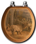 Oak Veneer Round Toilet Seat With Meadow Music Elk Outdoor Image, Ships Fully Assembled, Durable Pigment Ink Print, fits US standard toilets