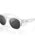 Kickass Polarized Safety Glasses Featuring Rounded Retro Frames And Anti Scratch Coatings Osha Approved Ansi Certified UV400 Polycarbonate Protective Eyewear Totally Dope For Working Men with clear frames and dark lenses.