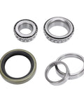 Boat Trailer Bearing Kit 5 Piece Set for Axle Hub Bearings With Seals, steel alloy bearings and seals set on white background