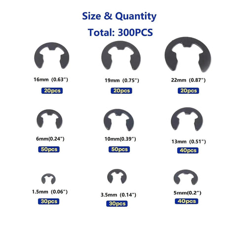 Premium 300 Pcs 65Mn Steel High Elastic Retaining Rings Set Black Oxide Anti Rust sizes and quantities displayed in chart.