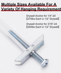 Heavy Duty Drywall Anchor Bolts Set For TV Mounting Kits Three Sixteenths Inch Bolts Stainless Steel Hollow Wall Anchors Holds Up To Two Hundred Forty Pounds On Half Inch Drywall 22 Pack displayed with size details