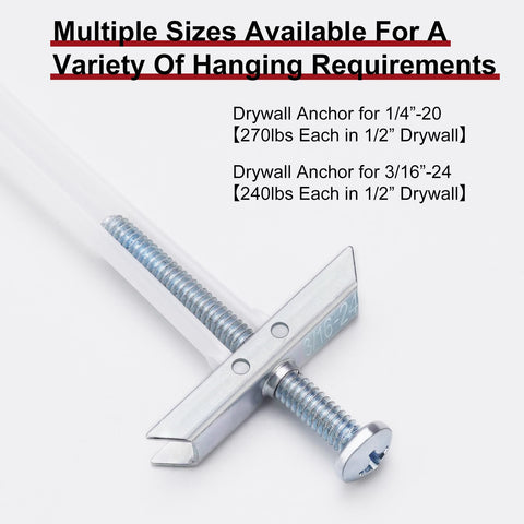 Heavy Duty Drywall Anchor Bolts Set For TV Mounting Kits Three Sixteenths Inch Bolts Stainless Steel Hollow Wall Anchors Holds Up To Two Hundred Forty Pounds On Half Inch Drywall 22 Pack displayed with size details
