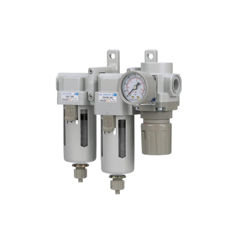 Three Stage Compressed Air Drying System With Particulate Filter Coalescing Filter And Regulator 3 Eighth Inch NPT Poly Bowl Manual Drain And Gauge