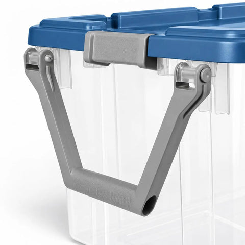 Premium Heavy Duty Wheeled Storage Bins 160 Quart 2 Pack Rolling Carts With Sturdy Metal Axle And Swivel Pull Handle featuring a gray swing handle.