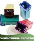 Tough As Nails Square Blade Fuse Assortment Kit With 20A To 60A Specs displaying various colored fuses with nylon high-temperature resistant shells.