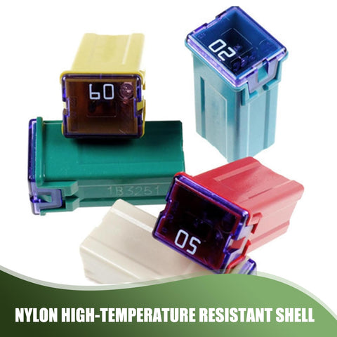Tough As Nails Square Blade Fuse Assortment Kit With 20A To 60A Specs displaying various colored fuses with nylon high-temperature resistant shells.