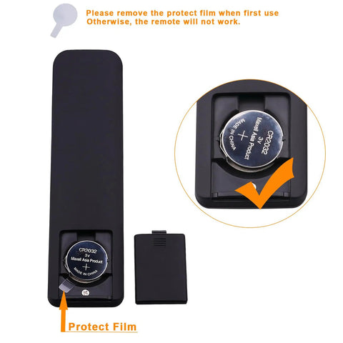 Back view of RF remote for Led Dimmer Switch with exposed battery and protective film instruction.