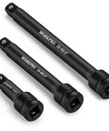 Heavy Duty One Half Inch Drive Impact Extension Bar Set Constructed From Premium Cr Mo Steel Heat Treated For Peak Torque With Corrosion Resistant Manganese Coating That Gets The Job Done Right, 3 piece set showing 3 lengths.