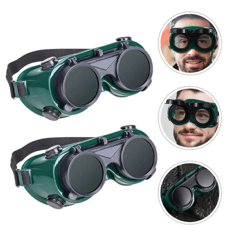 Pro Grade Flip Up Welding Safety Glasses With Anti Glare Polycarbonate Lens And Ventilated Shield, dark green with side vents.