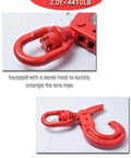 Red swivel lifting hook with self-locking mechanism, 360 degree swivel for hoist and rigging, heavy duty 4410 lbs capacity, close-up view.