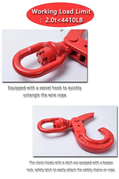Red swivel lifting hook with self-locking mechanism, 360 degree swivel for hoist and rigging, heavy duty 4410 lbs capacity, close-up view.