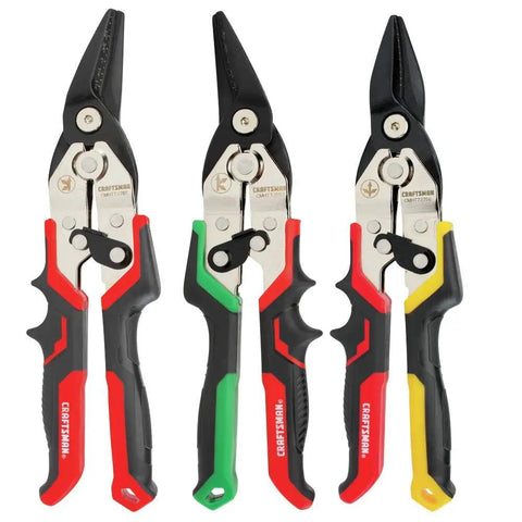 Aviation Snips Three Piece Set For Sheet Metal With Spring Assisted Latch One Hand Quick Use Cuts Up To 18 Gauge Cold Rolled Steel Or 22 Gauge Stainless Induction Hardened Edge Keeps Sharpness Longer Built Like A Pro Workhorse
