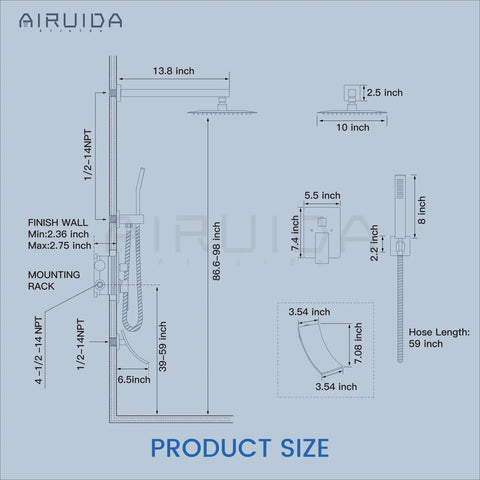 Technical diagram of Three Function Shower Faucet System with 10 inch rainfall head, brushed nickel finish, includes valve and spout.