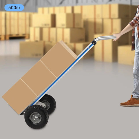 Heavy Duty Aluminum Hand Truck 500lbs Capacity Steel Handle Dolly Cart horizontal loop design with large brown box in use.