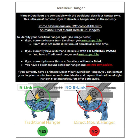 Comparison chart showing compatibility of Prime 9 derailleur hangers: traditional hanger is compatible, direct mount hanger is not.