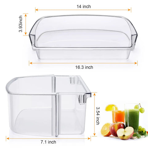Clear plastic door shelf bin for refrigerator WPW10710203 replacement fits Whirlpool models with size dimensions.
