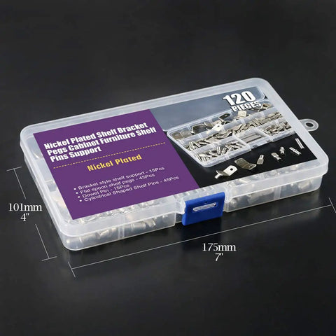 120 Piece Nickel Plated Shelf Pins Kit With Four Styles For Five Millimeter And Six Millimeter Shelf Holes Fits Cabinets And Entertainment Centers Built To Last Durable Cabinet Hardware For Solid DIY Ready Shelf Support in clear plastic case with dimensions.