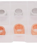 100 Piece Aluminum And Copper Oil Drain Plug Gasket Set With Ten Sizes in clear plastic box, M10-M18 washer assortment kit.
