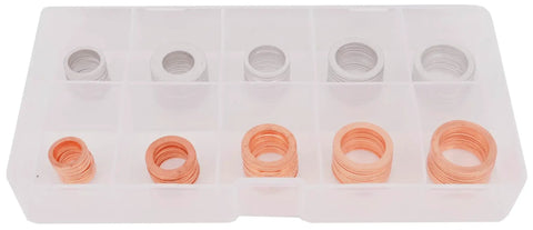 100 Piece Aluminum And Copper Oil Drain Plug Gasket Set With Ten Sizes in clear plastic box, M10-M18 washer assortment kit.