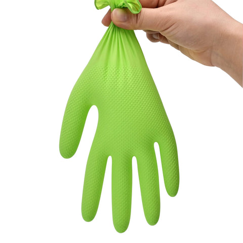 Nitrile glove, bright green, front view, raised diamond texture grip