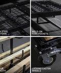 Heavy Duty Mobile Industrial Pipe And Lumber Rack Cart That Moves Like Butter With Four Double Sided Shelves, mesh steel platform and locking caster wheels.