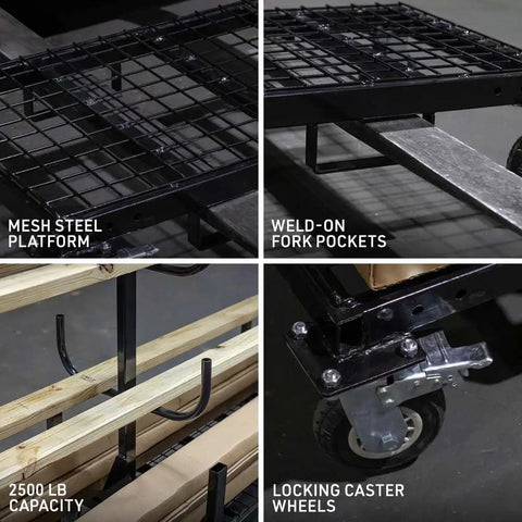 Heavy Duty Mobile Industrial Pipe And Lumber Rack Cart That Moves Like Butter With Four Double Sided Shelves, mesh steel platform and locking caster wheels.