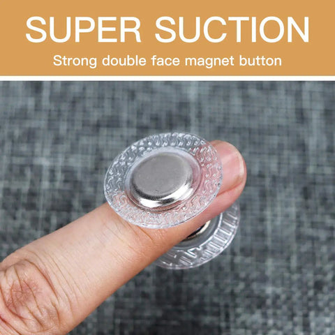 Set Of Twenty Five Mini Invisible Magnetic Snaps With Badass Hold For Baby Bibs Kids Apparel And DIY Craft Sewing Projects Round PVC Hidden Purse Hardware Kit, showing clear magnet button on finger.